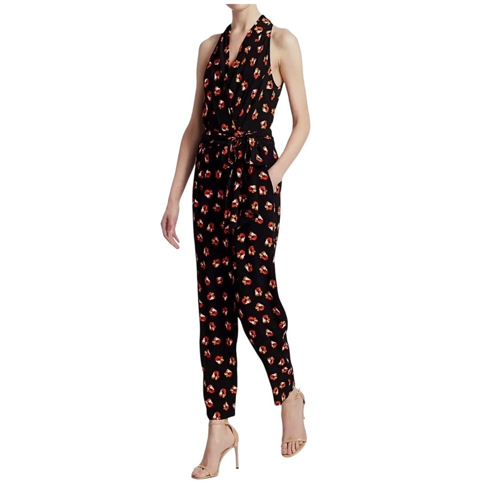Diane von Furstenberg Pierre Black Orange Floral‎ Wrap Jumpsuit Size S Small